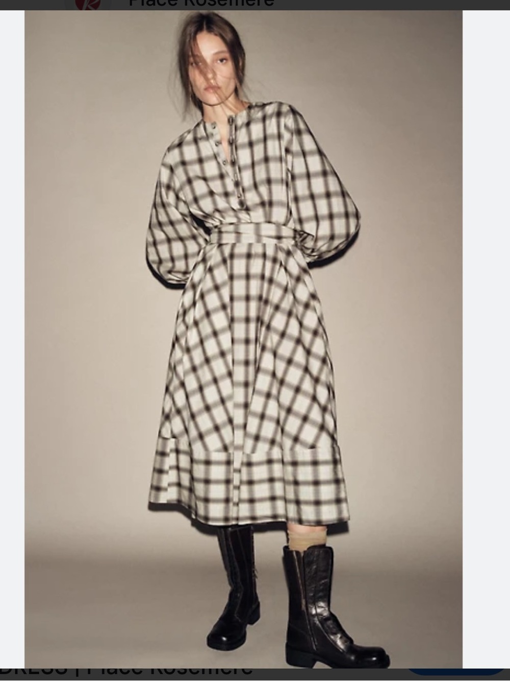 Zara Cream and Black Plaid Midi Dress with Self-Tie Belt